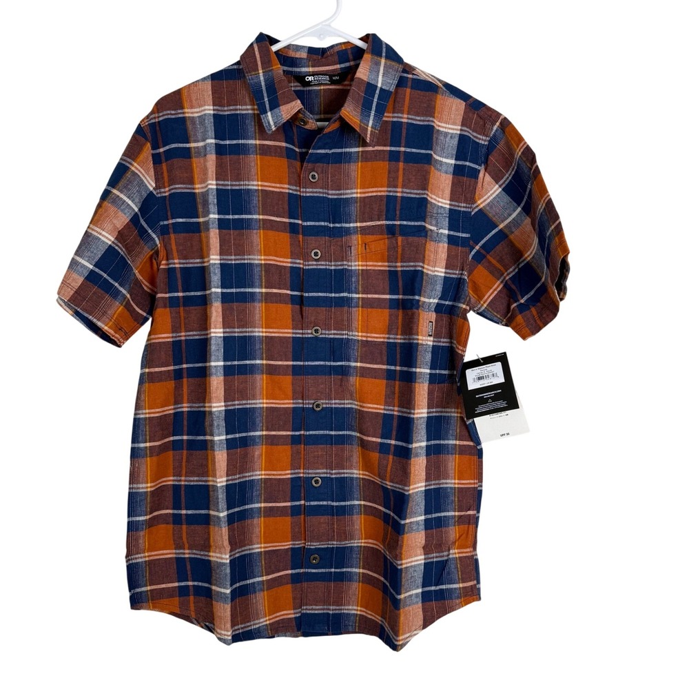 Outdoor Research Mens M Weisse Plaid Shirt Orange Blue Hemp Cotton UPF 30 Hiking